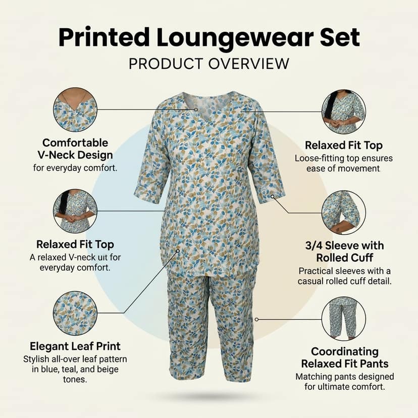 Mom and Me Women's Cotton Floral Print Co-Ord Set, 3/4 Sleeve Kurta with Pyjama, Ethnic Nightwear, Multicolour (Sky Blue, S) view 4