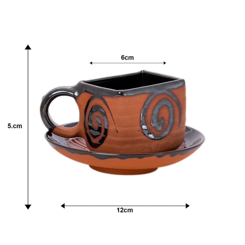 Sowpeace Handcrafted Terracotta Tea Cup squared mouth with plate “The Saucer Story” for kitchen and dining, premium artisan made utensils as serveware, for gift view 2