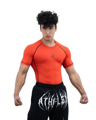 Athflex Men’s Muscle Fit Half Sleeve Textured Compression T-Shirt – Quick Dry, Textured Fabric,Superhero Look ,Stretchable Sportswear for Workout,Fitness & GYM - scarlet/L