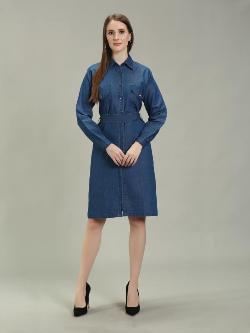 Denim Solid One Piece W Both Side Shirt Pocket with Belt, Blue - 2XL