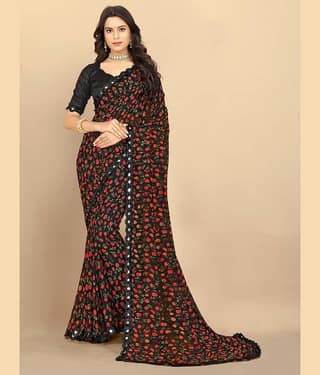 BLEESBURY Georgette Printed Saree With Unstitched Blouse Piece ( Black )