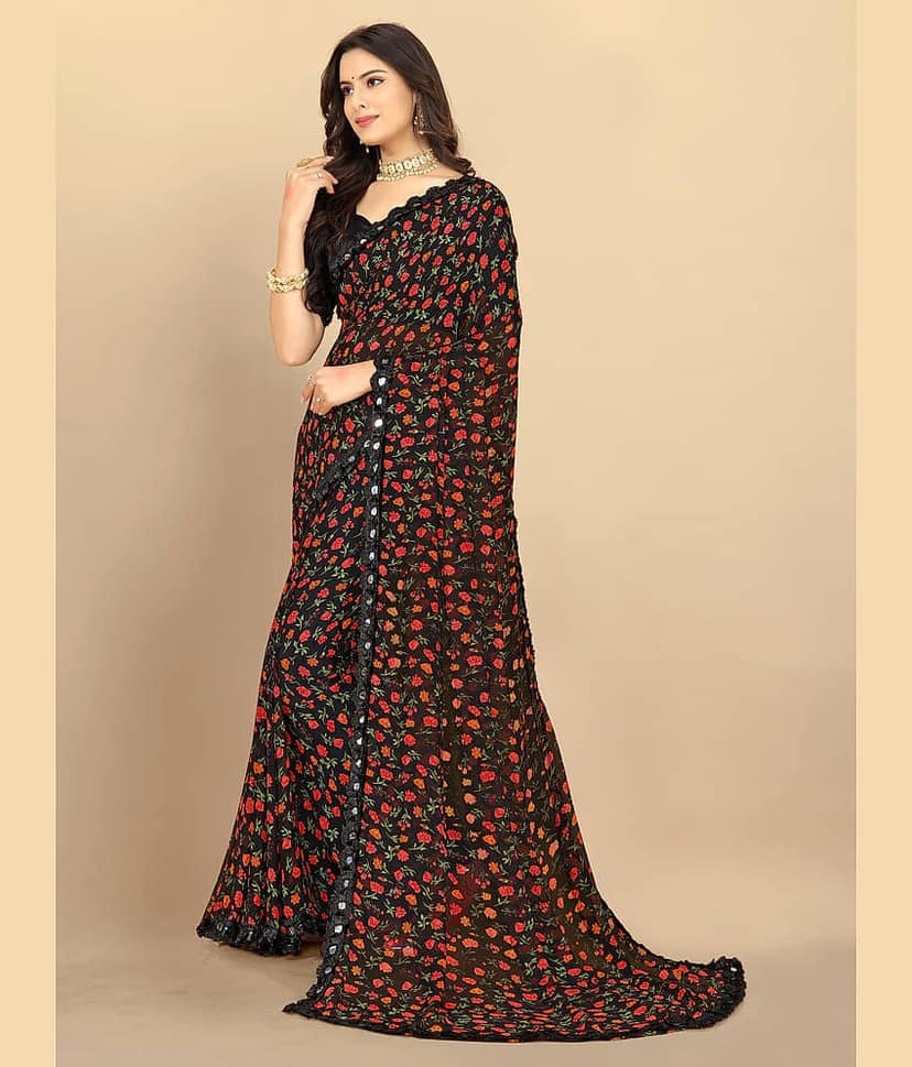 BLEESBURY Georgette Printed Saree With Unstitched Blouse Piece ( Black ) view 2