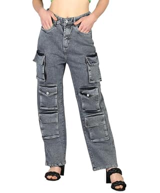 Glossia Fashion Women Cargo Jeans | High Waist Stretchable Loose Straight Fit Denim| Boyfriend Jeans for Women - Grey, 34
