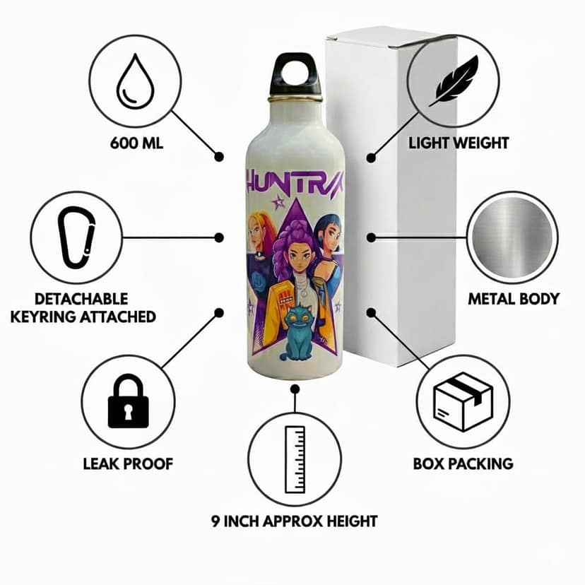 Pop Star Anime Theme Metal Water Bottle, 600ml Capacity, Leak-Proof Design with Detachable Keyring, 9 Inch Height, Customizable White Bottle for School and Travel Demon Design view 2