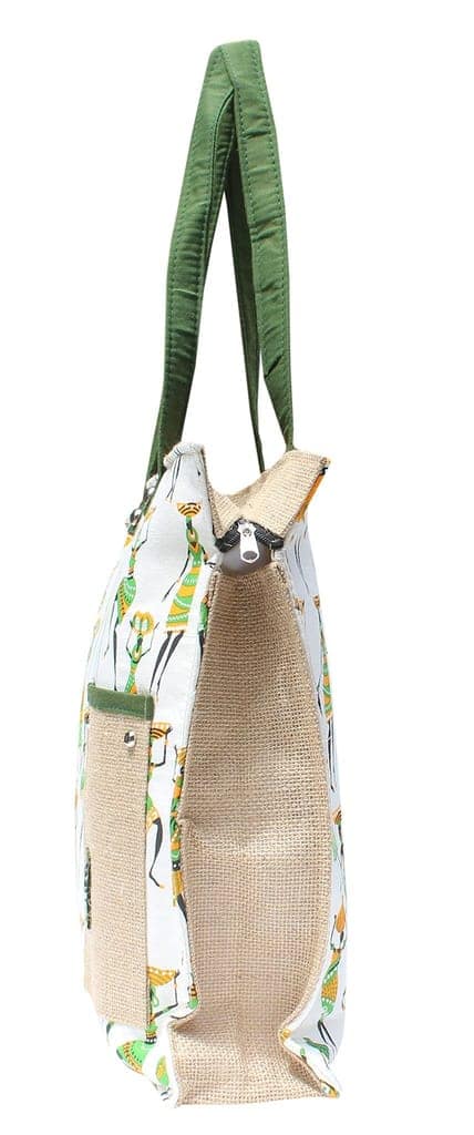 Mandhania Warli Printed Indian Tribal Art Cotton & Jute Women's Shoulder Bag Green view 2