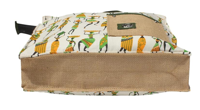 Mandhania Warli Printed Indian Tribal Art Cotton & Jute Women's Shoulder Bag Green view 3