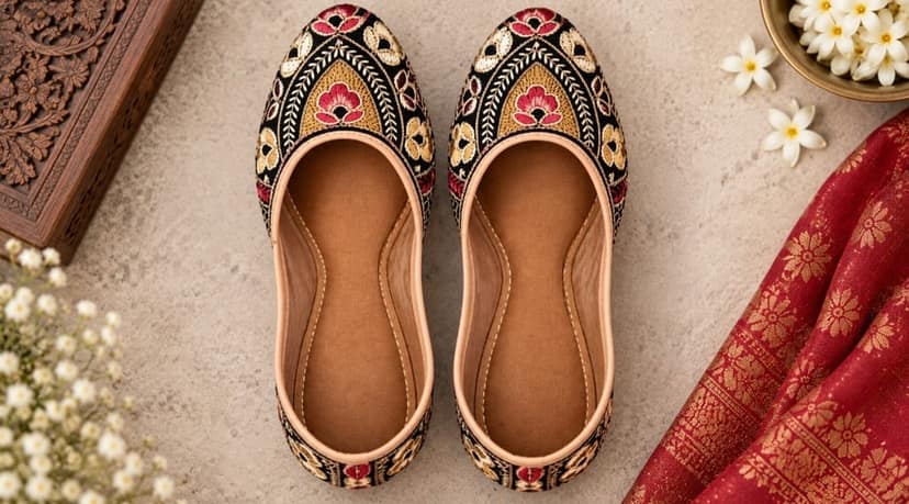 Premium Black Handmade Embroidered Jutti with Zari & Floral Thread Work - Custom Fit