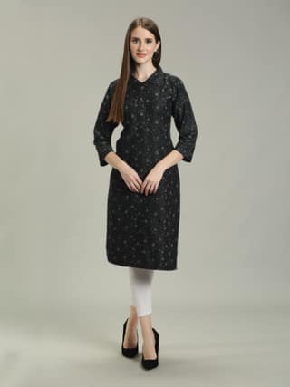 Denim Printed Apple Cut Kuria One Side Pocket, Black - XL
