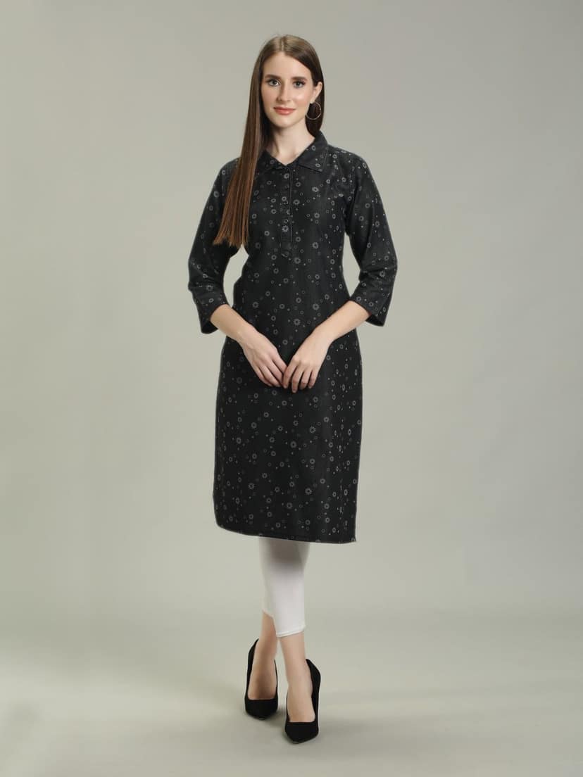 Denim Printed Apple Cut Kuria One Side Pocket, Black - XL