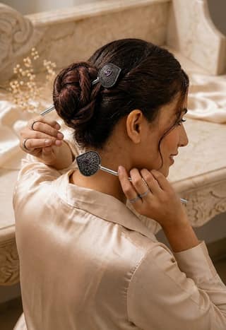 Blubby Oxidized Silver Floral Juda Stick for Women