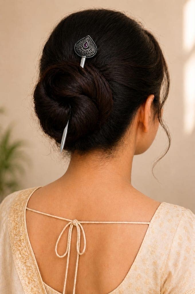 Blubby Oxidized Silver Floral Juda Stick for Women view 3