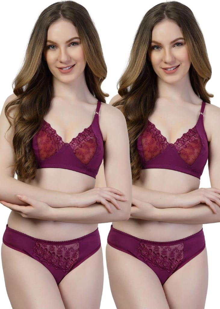 adornstar Women Cotton Lingerie Set with Solid Color Design | Non Wired and Non Padded Bra with Full Coverage Hipster Panty Set | Stylish and Soft Stretchable Fabric (Pack of 2)
