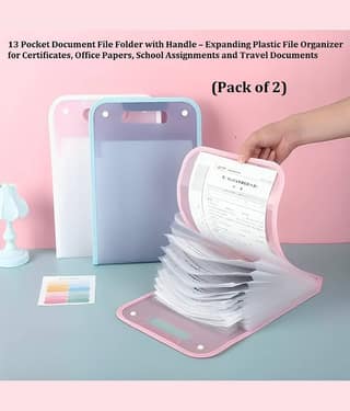 Dust N Shine , 13 Pocket Document File Folder with Handle – Expanding Plastic File Organizer for Certificates, Office Papers, School Assignments and Travel Documents - Pack of 2