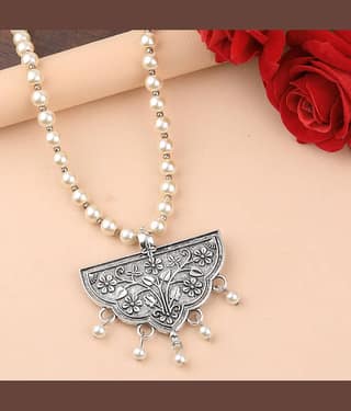 SILVERSHINE stylish Fancy Silver Plated With Pearl Pendant mala set for Women girl