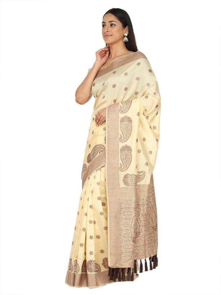 Women's Yellow Woven Design Soft Silk Saree view 3