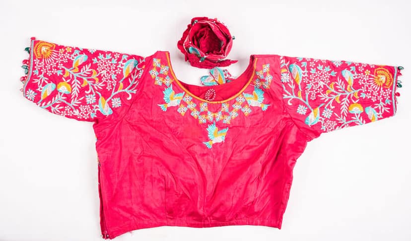 Pink Hand Embroidered Blouse with Floral Motifs view 2