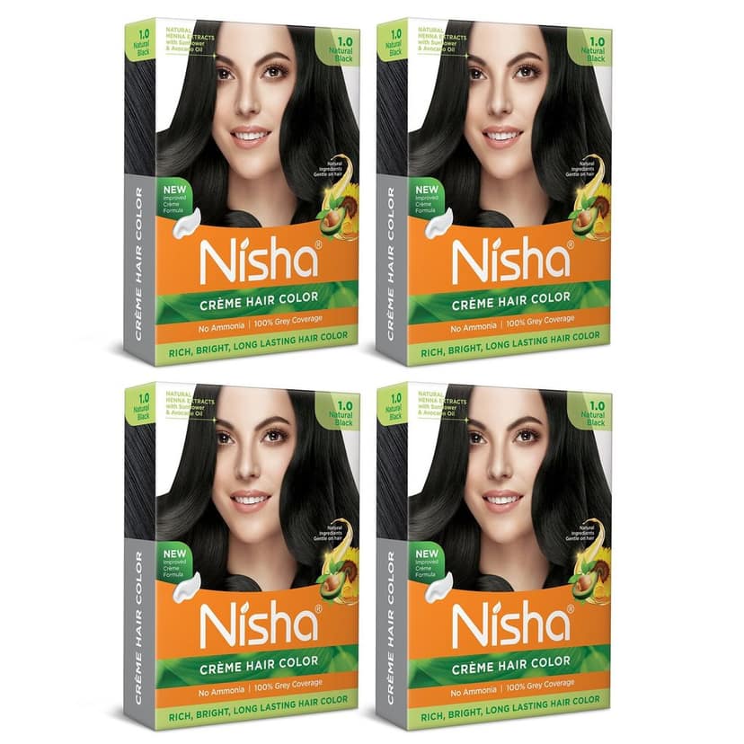 Nisha Creme Hair Color Natural Black 40gm Pack of 4, Permanent Hair Color for Women Men, No Ammonia, 100% Grey Coverage