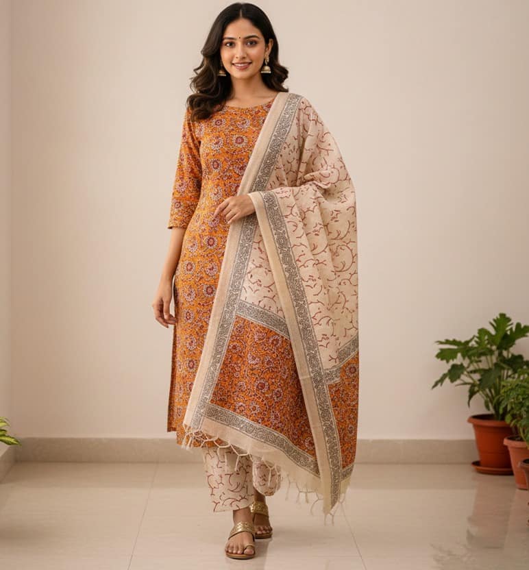 Block Print Kalamkari Maheshwari Unstitched Suit Set – 3 Piece view 7