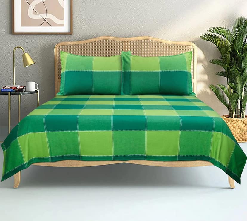 AIRWILL, 200GSM Handloom Cotton Double Bedsheet with 2 Pillow Covers, 4-Way Dobby Checks Designer Weaved Green Combo - Pack of 3 pcs
