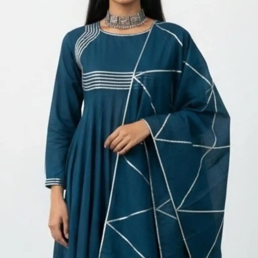 Navy Blue Handloom Cotton Co-Ord Set with Gota Detailing, 3-Piece view 4