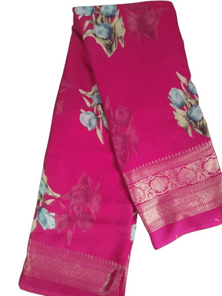Pink Georgette Saree With Golden Zari Border view 2
