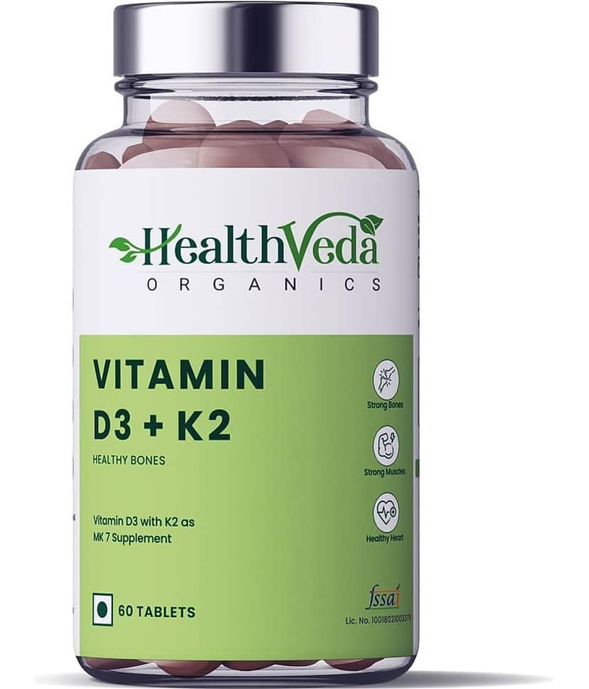 Health Veda Organics Vitamin D3+K2 as MK7 Supplement for Healthy Bones, 60 Veg Tablets