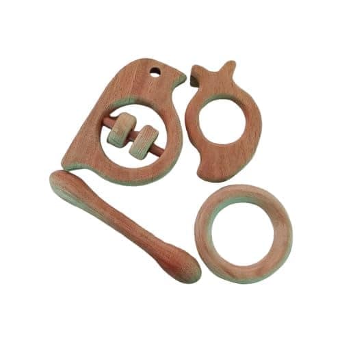 Neemtoys Neem Wooden Rattle and Teethers, Sparrow, Mango, Dumbbell and Ring Shapes Teether, Teething Toy for Babies with Multiple Textured Surface (Brown)