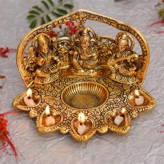 Collectible India Laxmi Ganesh Saraswati Idol Diya Oil Lamp Deepak - Metal Lakshmi Ganesha Showpiece Statue - Traditional Diya for Diwali Puja (8.5 x 5.1 x 4.7, 1 Count)