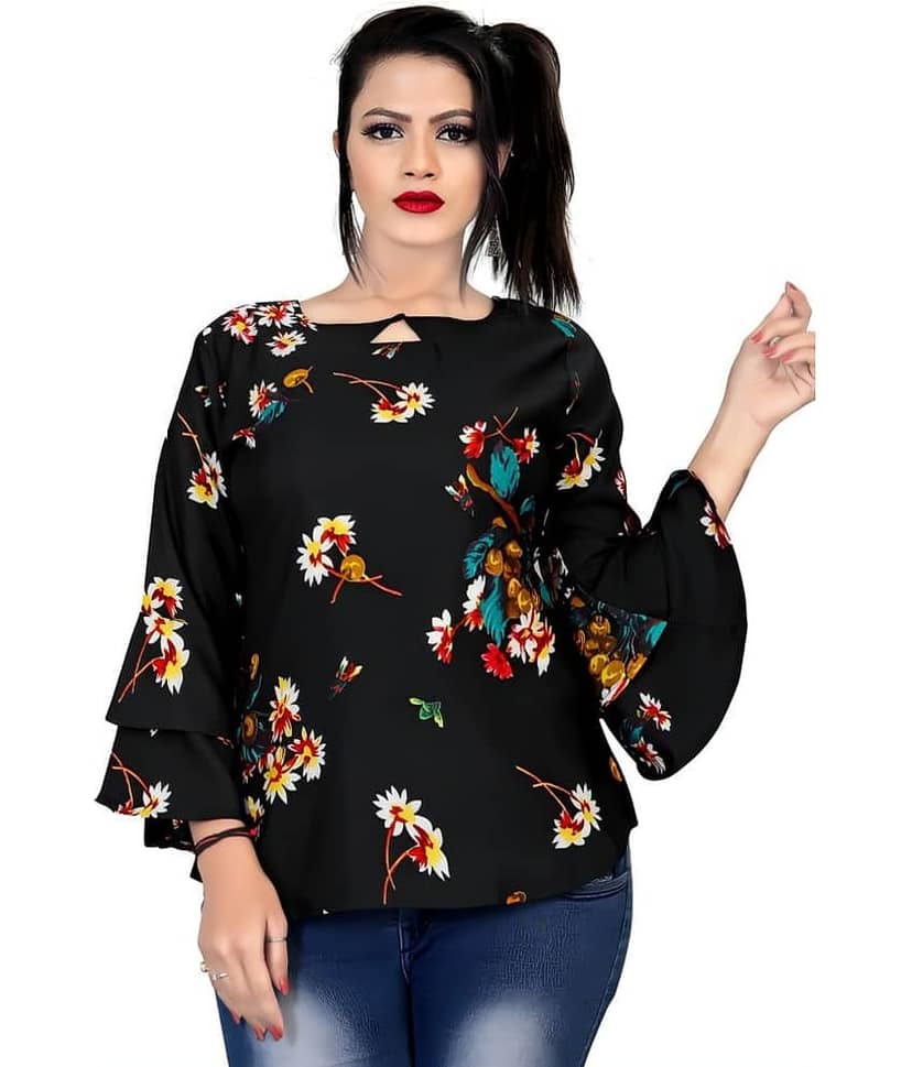 Hemang Fashion Women's Crepe Regular Top ( Black )