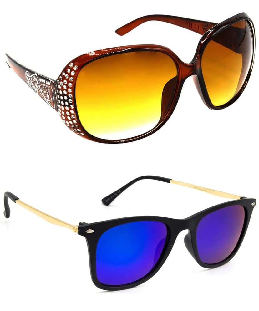 Hrinkar Unisex Round Sunglasses Silver & Golden Frame, Brown & Pink Lens (Large) - Pack of 2