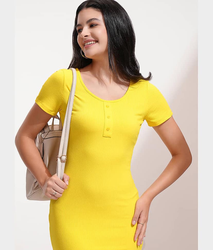 Tokyo Talkies Women Cotton Blend Solid Bodycon Dress ( Yellow )