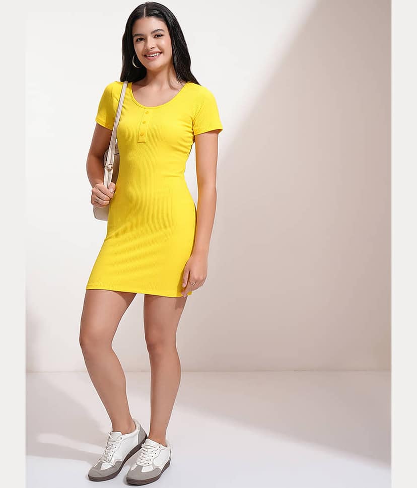 Tokyo Talkies Women Cotton Blend Solid Bodycon Dress ( Yellow ) view 2