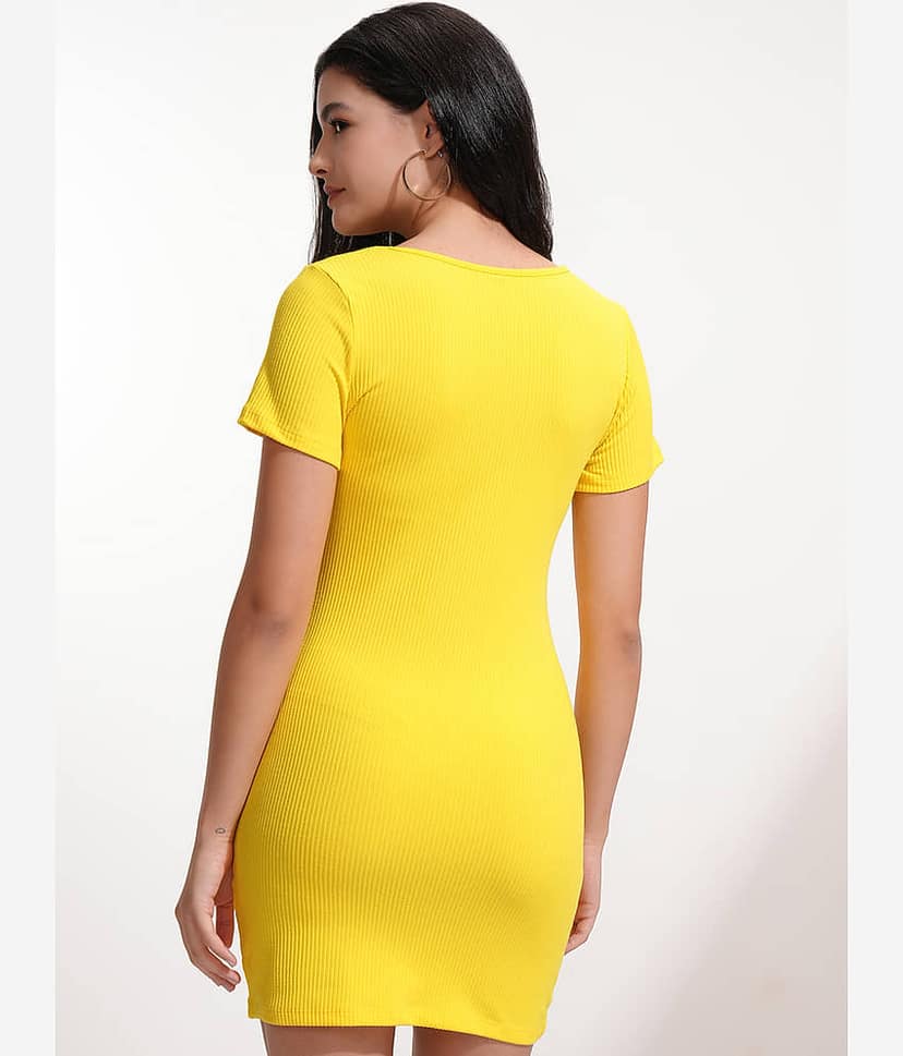 Tokyo Talkies Women Cotton Blend Solid Bodycon Dress ( Yellow ) view 3