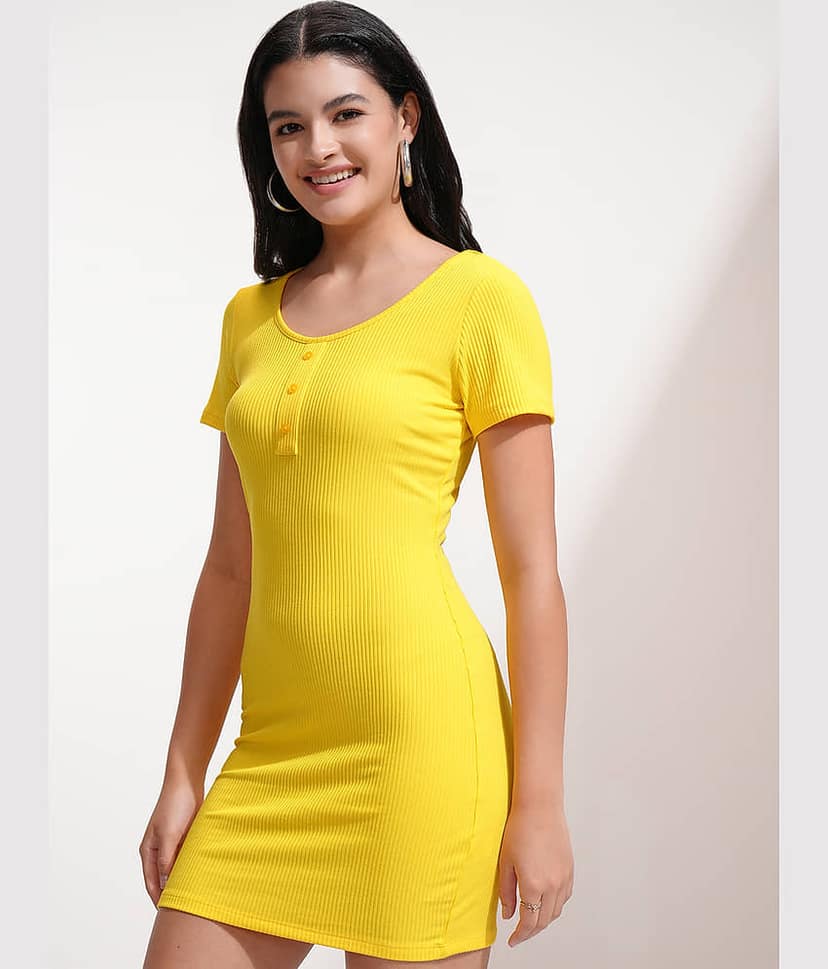 Tokyo Talkies Women Cotton Blend Solid Bodycon Dress ( Yellow ) view 4