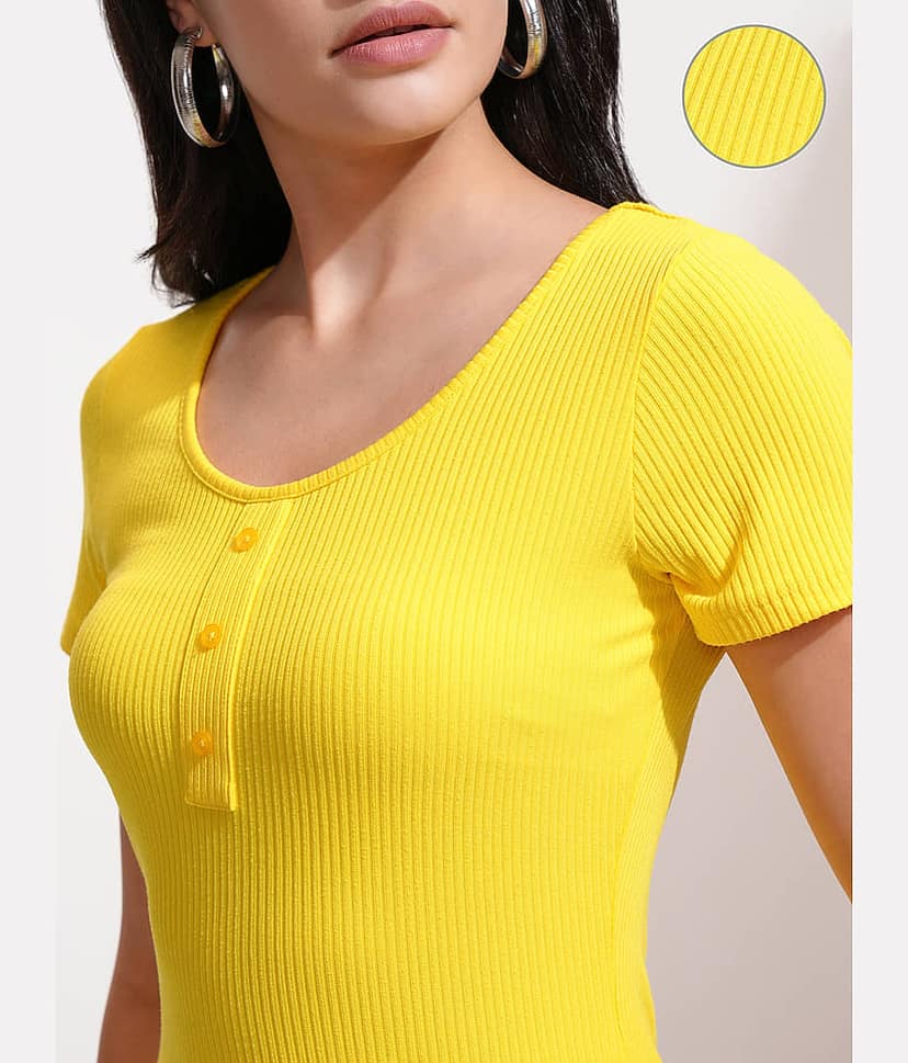 Tokyo Talkies Women Cotton Blend Solid Bodycon Dress ( Yellow ) view 5