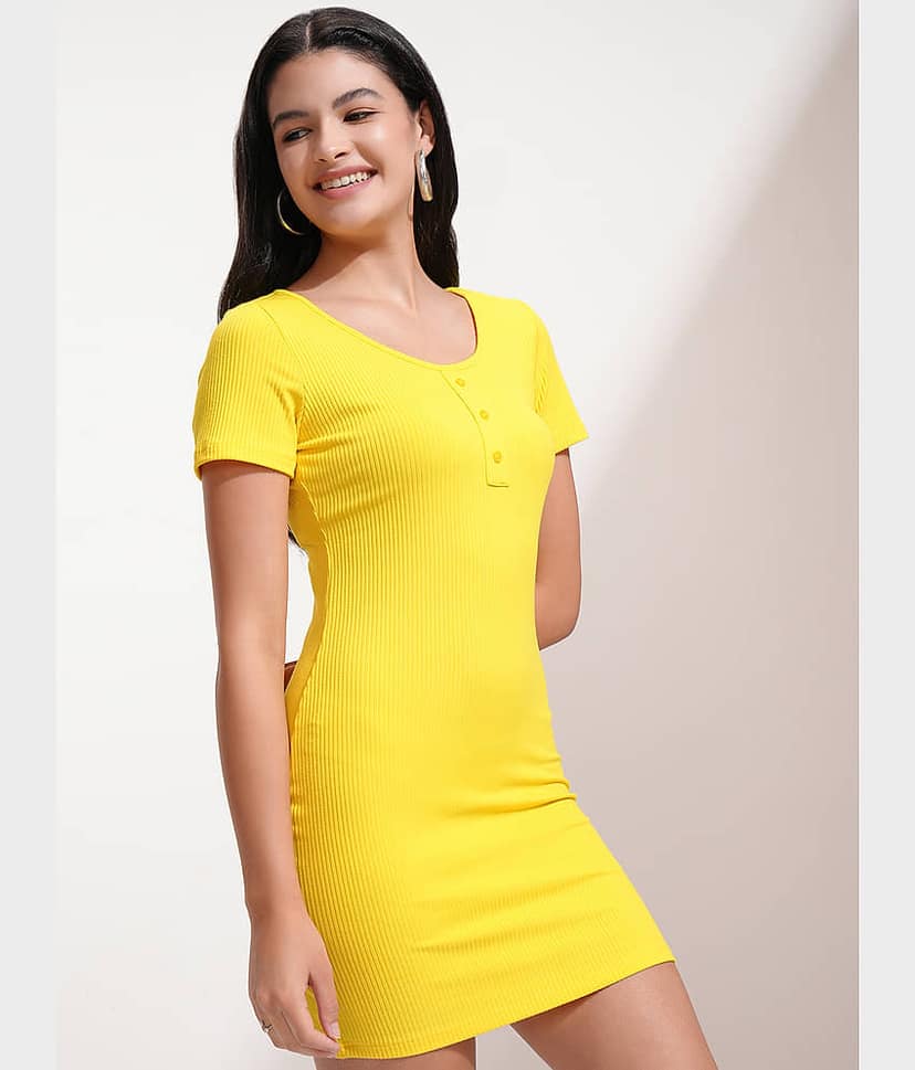 Tokyo Talkies Women Cotton Blend Solid Bodycon Dress ( Yellow ) view 6