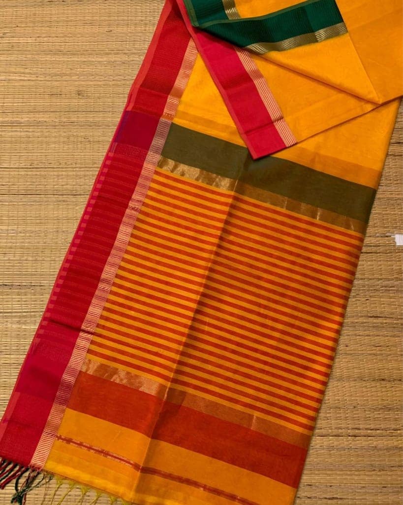 Maheshwari Handloom Silk by Cotton Saree Bright Yellow Color with Ganga Jamuna Resham border and contrast Rani Pink blouse-4602 view 2