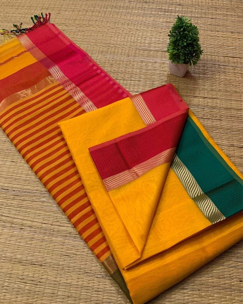 Maheshwari Handloom Silk by Cotton Saree Bright Yellow Color with Ganga Jamuna Resham border and contrast Rani Pink blouse-4602 view 3