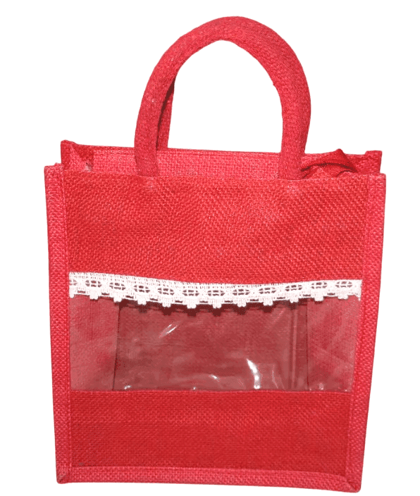 Red Jute Shopping Bag with Transparent Window and Lace Detail (Small)