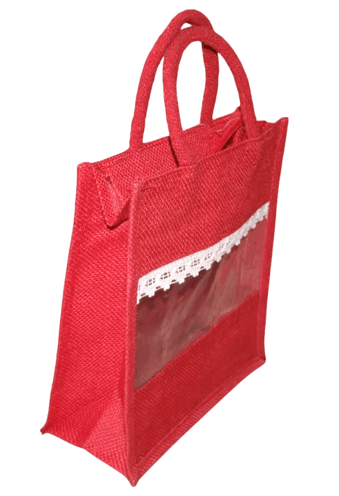 Red Jute Shopping Bag with Transparent Window and Lace Detail (Small) view 3