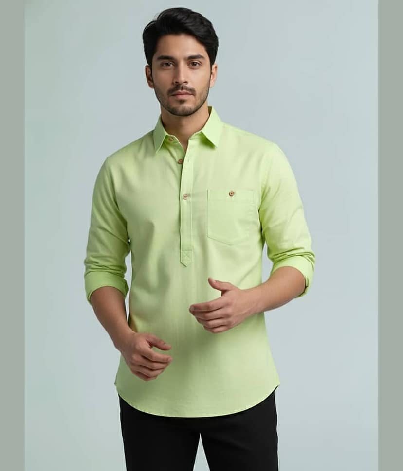 BHUVIKOO Cotton Blend Plain Shirt Style Kurta For Men ( Grey )