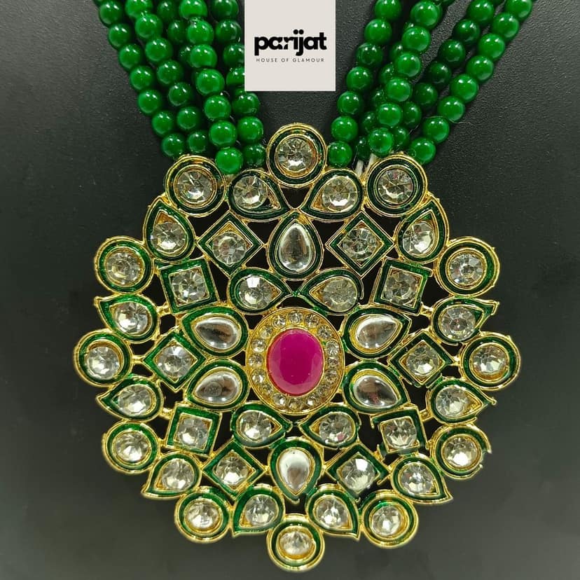 Parijat Luxury Handcrafted Gold Plated Necklace with Earrings, AD, Pearl, Green and White view 2