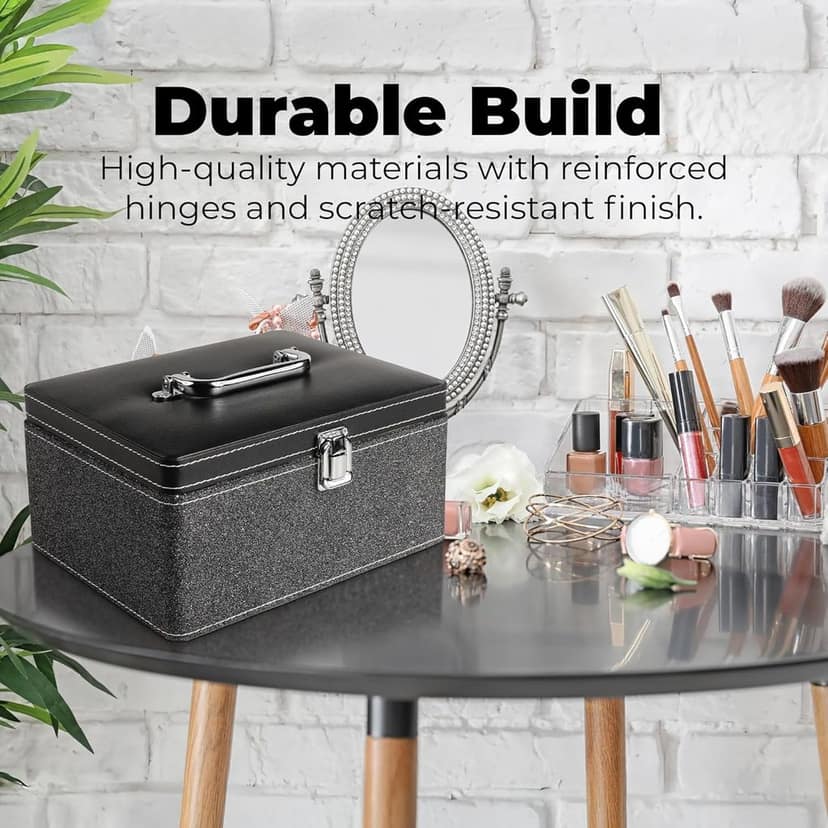 Makeup Box - Vanity Box for Women Bridal - Cosmetic Box Organiser, Durable, Stylish Finish for Home or Travel, Large Capacity Beauty Case for Brushes, Lipsticks & Skincare, (Black) view 7