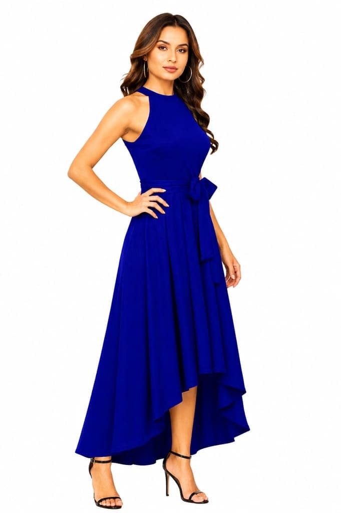 LICOLA Women & Girls Halter Neck High Low Maxi Dress with Waist Tie | Stylish One Piece Long Gown for Women | Sleeveless Western Dress for Women Party Wear & Casual view 2