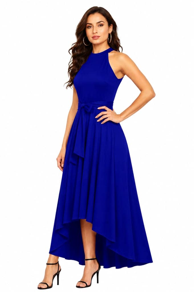 LICOLA Women & Girls Halter Neck High Low Maxi Dress with Waist Tie | Stylish One Piece Long Gown for Women | Sleeveless Western Dress for Women Party Wear & Casual view 3