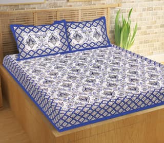 Lali Prints Blue White Floral Printed Cotton 130 TC Queen Bedsheet With 2 Pillow Covers