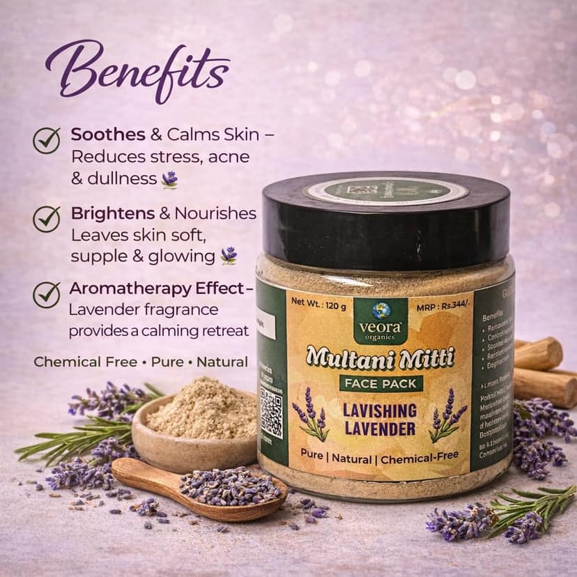 Veora Organics Multani Mitti Face Pack with Lavender | Natural Skin Brightening Face Pack with Banana Powder, Mulethi & Chandan | Oil Control, Tan Removal & Deep Cleansing | Herbal Face Mask | 120g view 2