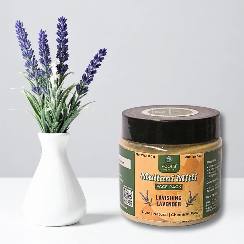 Veora Organics Multani Mitti Face Pack with Lavender | Natural Skin Brightening Face Pack with Banana Powder, Mulethi & Chandan | Oil Control, Tan Removal & Deep Cleansing | Herbal Face Mask | 120g view 4