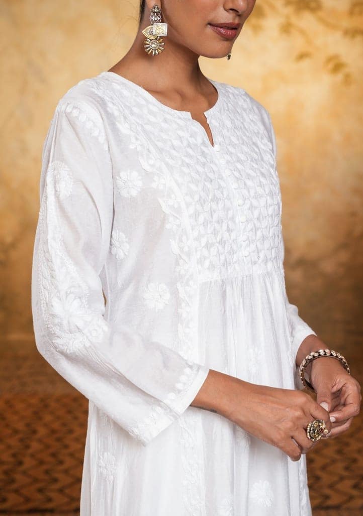 Chanderi Chikankari Solid Women's Long Kurta - White view 2