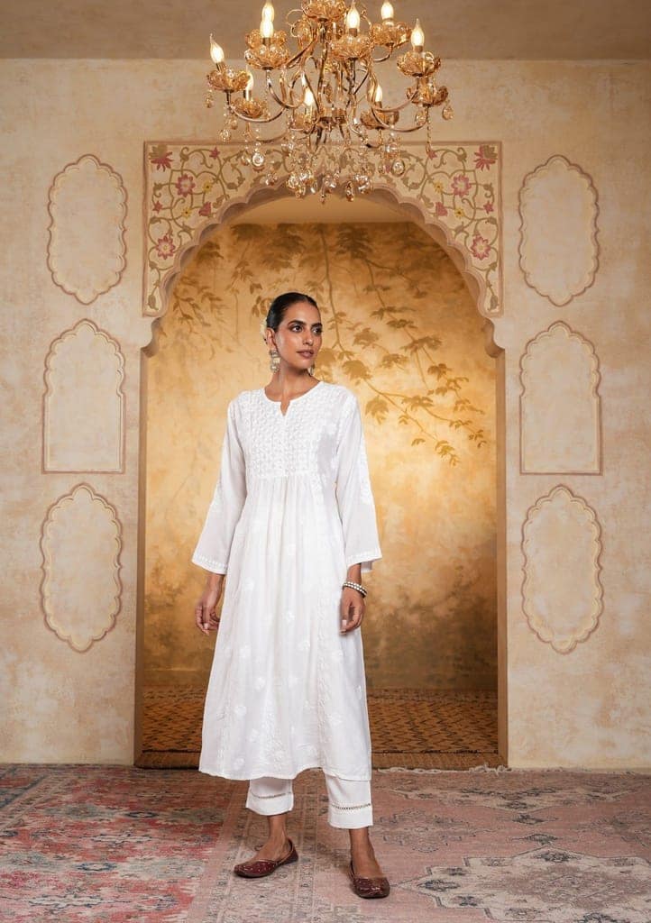 Chanderi Chikankari Solid Women's Long Kurta - White view 3